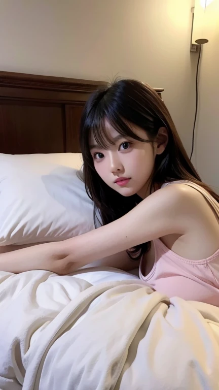 Korean Beauty、On the bed、((Sleeping on one&#39;s side))、((Eyes closed))、wearing pastel purple bra、White skin、Jet Black Hair、Straight Hair、Small waist、(((Angle of view from directly above:1.4)))、Mouth closed、(Large Breasts:1.3)、(Slit eyes:1.4)、(Slanted Eyes)、(Long, narrow eyes:1.3)、((profile))、((sleeping face))、((sleeping in bed))、((Looking Down from Above:1.8))