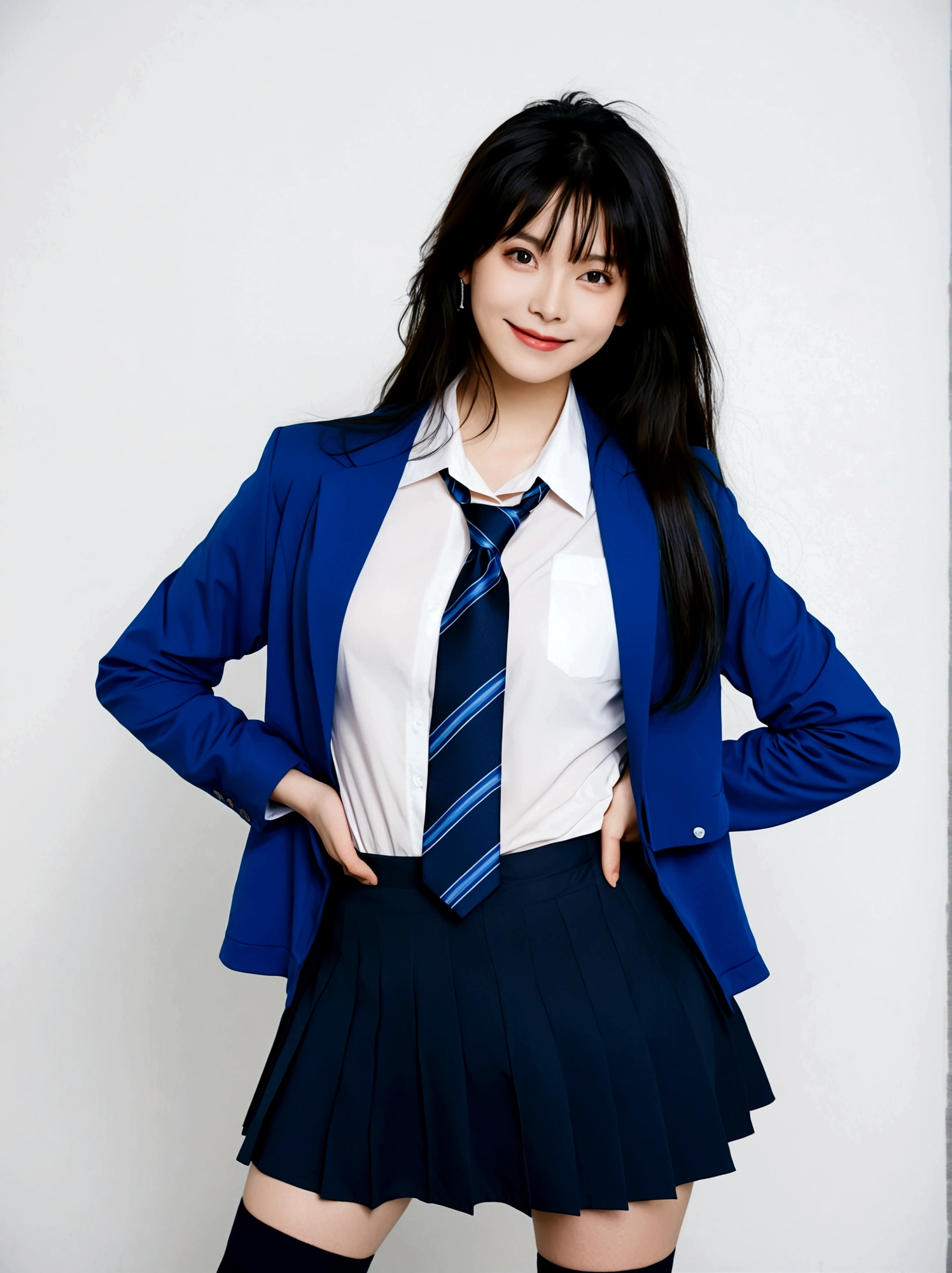 1girl, solo, long hair, looking at viewer, smile, skirt, simple background, shirt, black hair, thighhighs, jacket, white shirt, necktie, blue skirt, formal, blue jacket, black background, index finger raised