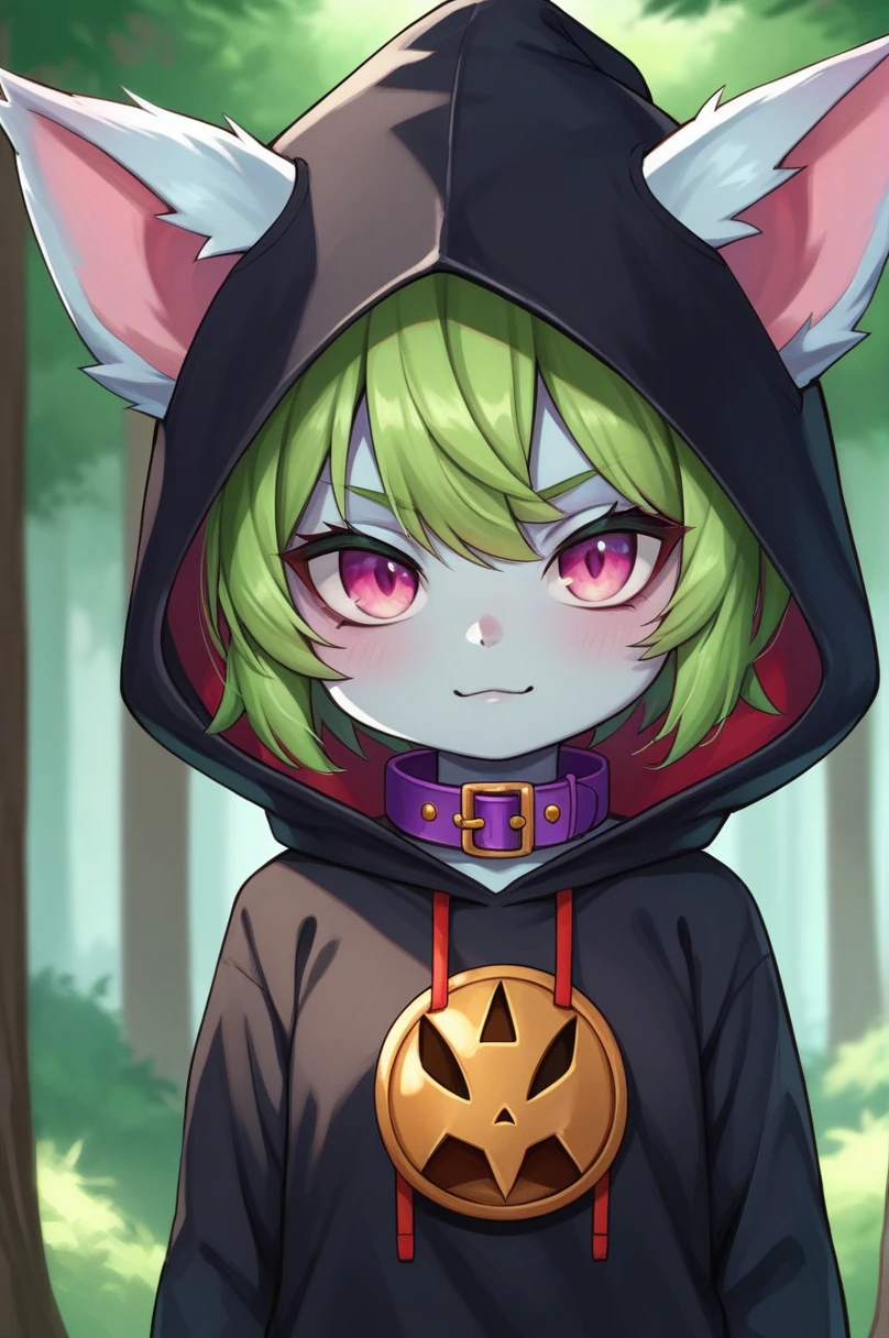 score_9, score_8_up, score_7_up, score_6_up, score_5_up, score_4_up, VexLoLXL, yordle, shortstack, pink eyes, green hair, bangs, short hair, grey skin, colored skin, black hood, hood up, ears through headwear, white animal ears, black shirt, purple collar, golden ornament, long sleeves, sleeves past wrists, (portrai shot, upper body), looking at viewer, forest, tree 