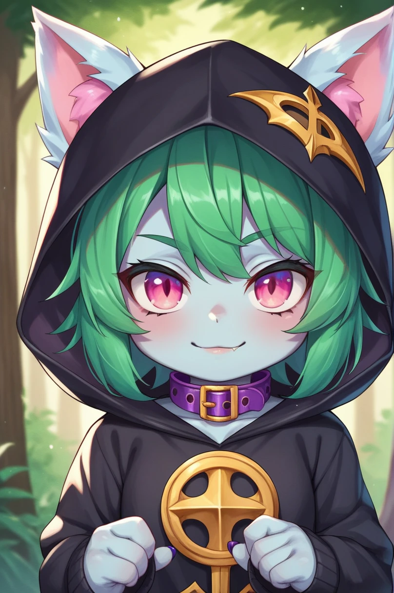 score_9, score_8_up, score_7_up, score_6_up, score_5_up, score_4_up, VexLoLXL, yordle, shortstack, pink eyes, green hair, bangs, short hair, grey skin, colored skin, black hood, hood up, ears through headwear, white animal ears, black shirt, purple collar, golden ornament, long sleeves, sleeves past wrists, (portrai shot, upper body), looking at viewer, forest, tree