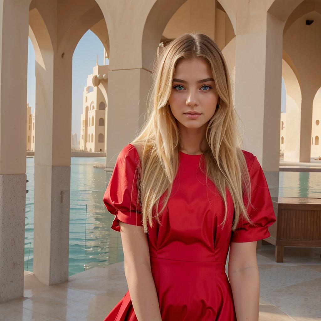 long hair, blonde, 20 year old, blue eyes, delicate face, fashionable, dubai, red dress