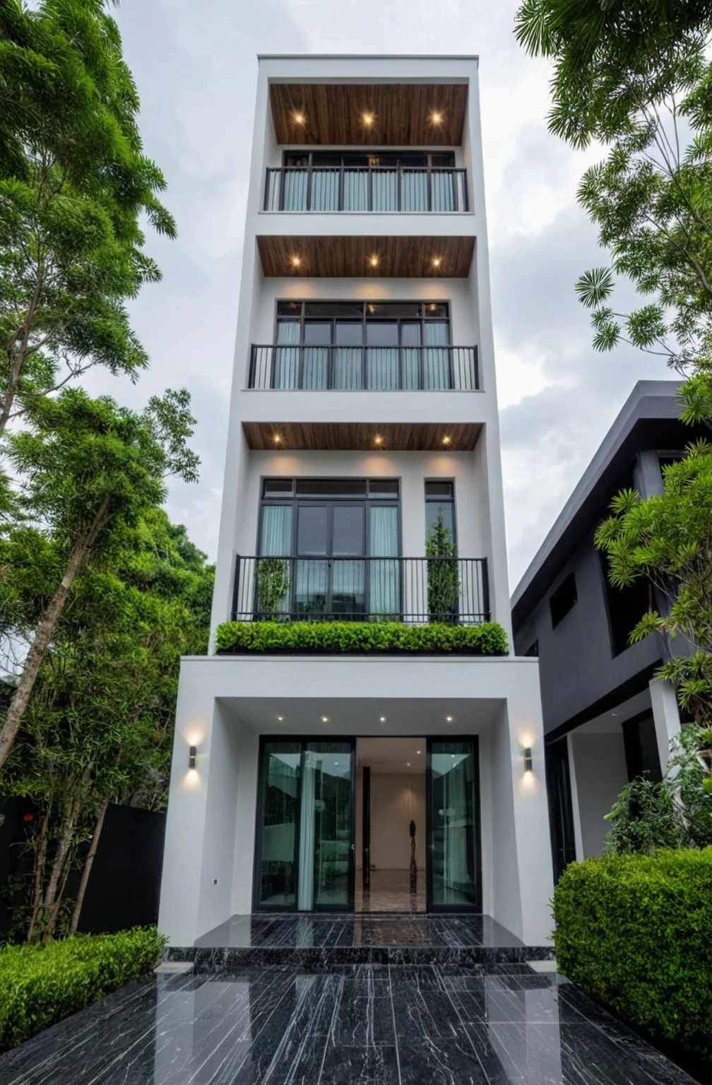 masterpiece, best quality, exterior design, single 1 storie modern house on the Vietnam village, marble, steel, modern dark tiled granite and white walls facade, wooden ceiling, large glass, minimalist modern style, green shrubs and tropical tree background, large door and windows.
