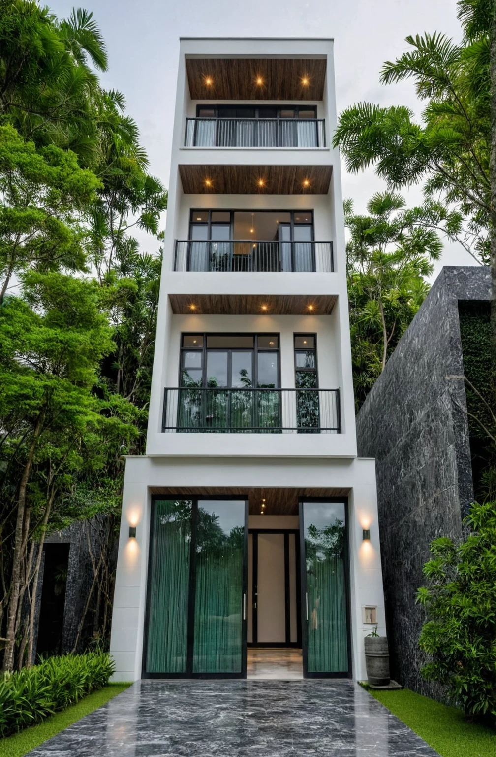 masterpiece, best quality, exterior design, single 1 storie modern house on the Vietnam village, marble, steel, modern dark tiled granite and white walls facade, wooden ceiling, large glass, minimalist modern style, green shrubs and tropical tree background, large door and windows.
