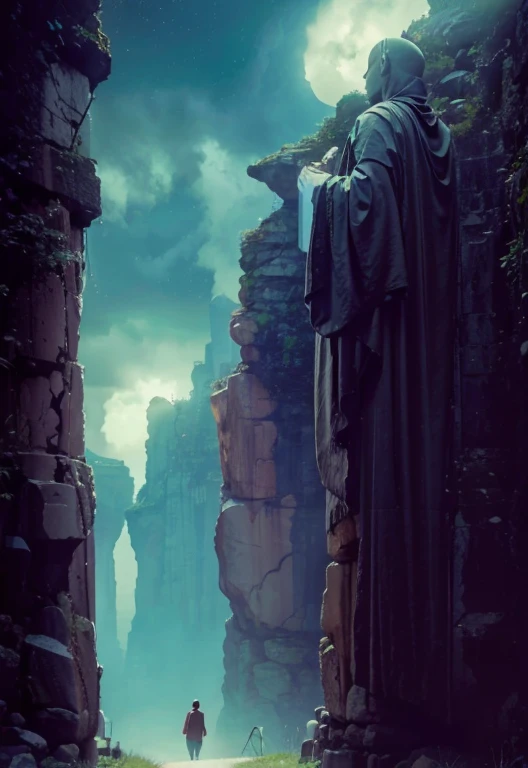 Dark path between two rocky cliffs and mega gigantic rock statues of monks on its two walls