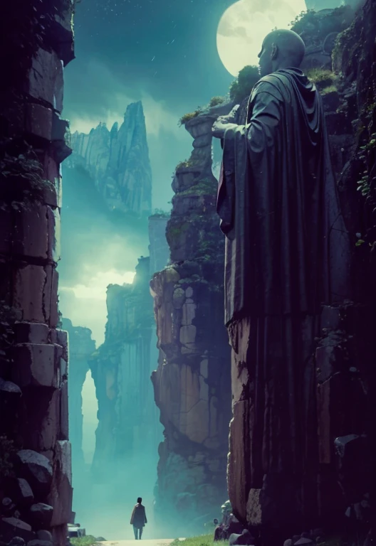 Dark path between two rocky cliffs and mega gigantic rock statues of monks on its two walls