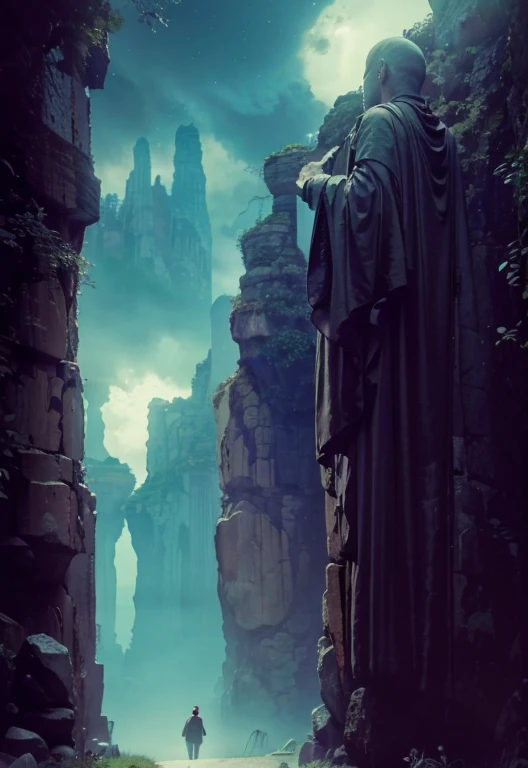 Dark path between two rocky cliffs and mega gigantic rock statues of monks on its two walls