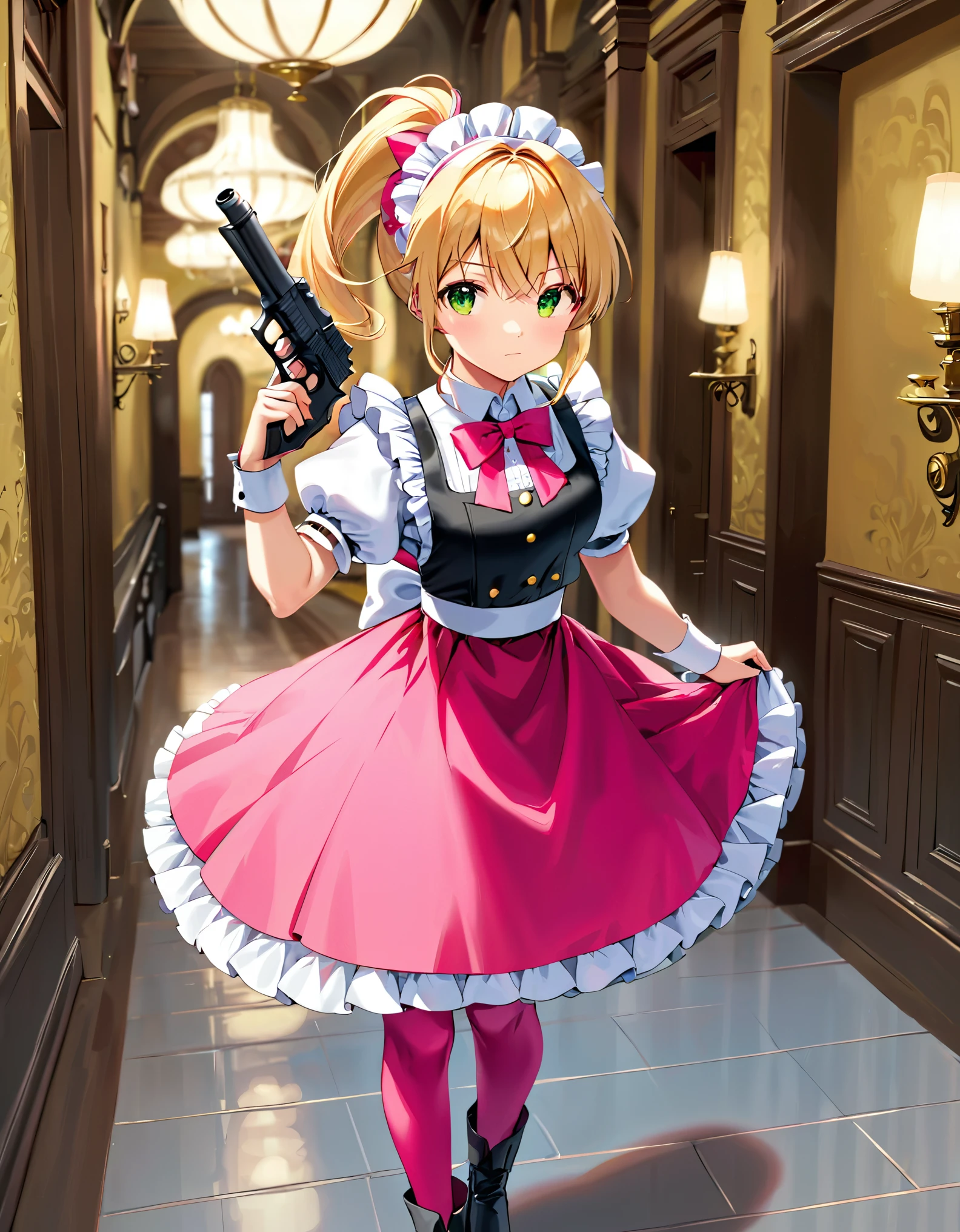 (best quality,4k,8k,highres,masterpiece:1.2),ultra-detailed, (1girl) A cute teenage gunslinger maid with green eyes, drawn in anime style, spiky light blonde hair in a long ponytail, victorian fashion, wearing a cute white maid dress with puffy sleeves, corset, tactical gear, light armour, petticoat, bloomers, pink pantyhose, pink tights, a frilly headband, a frilly pink apron, high-heel boots, ribbons, (lora:perfect hands:1, complete fingers, wielding a gun with one hand, Beretta 92FS), steampunk style, guarding a mansion hallway, indoors, extremely detailed eyes and face,longeyelashes,volumetric lighting,cinematic lighting,protective posture,dramatic close up,highly detailed texture,intricate details.