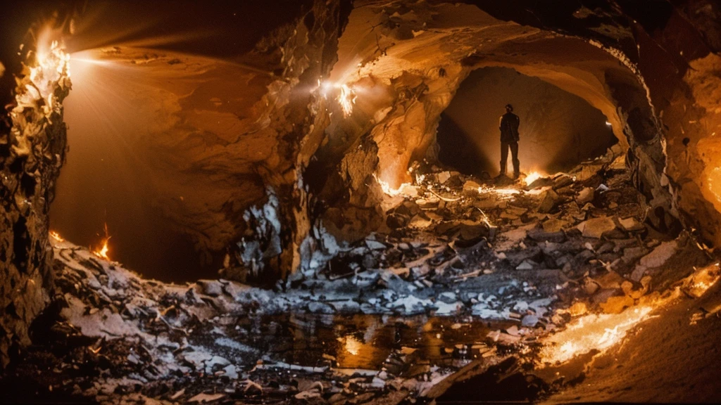 super realistic and perfection in photography. a man looking at the reflection of the shadow on the cave wall (cave myth). the phrase is "ELTON DOES NOT COOPERATE". the fire reflects on the wall the remains of the sentence that the assistants are supporting with their hands. the man who sees the shadow is amazed at what he reads in the reflection on the wall.