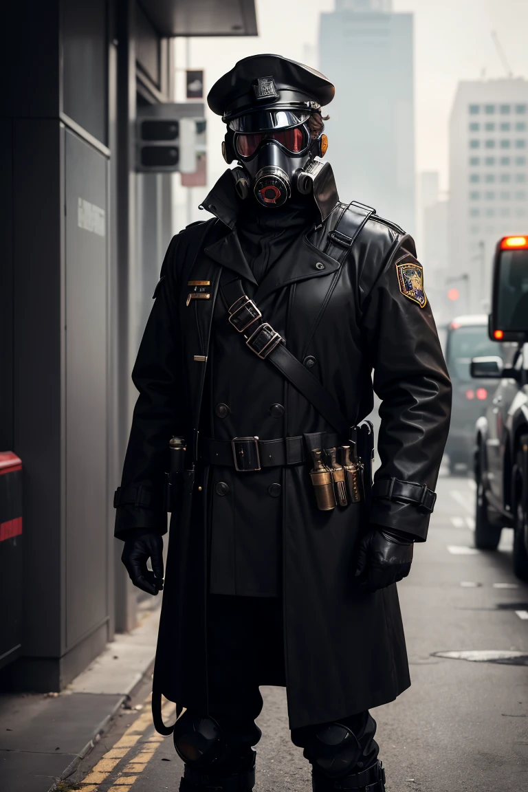 1 man, full body shot of officer, wearing black trench coat, (gas mask:1.2) and (black captain cap:1.3), (metal shoulder straps: 1.2), black leather gloves, proud, tall, (free hands:1,1), warzone