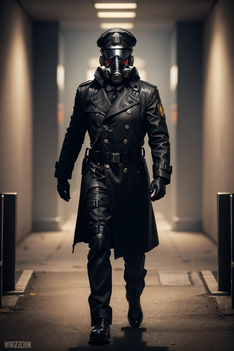 1 man, full body shot of officer, wearing black trench coat, (gas mask:1.2) and (black captain cap:1.3), (metal shoulder straps: 1.2), black leather gloves, proud, tall, (free hands:1,1), warzone