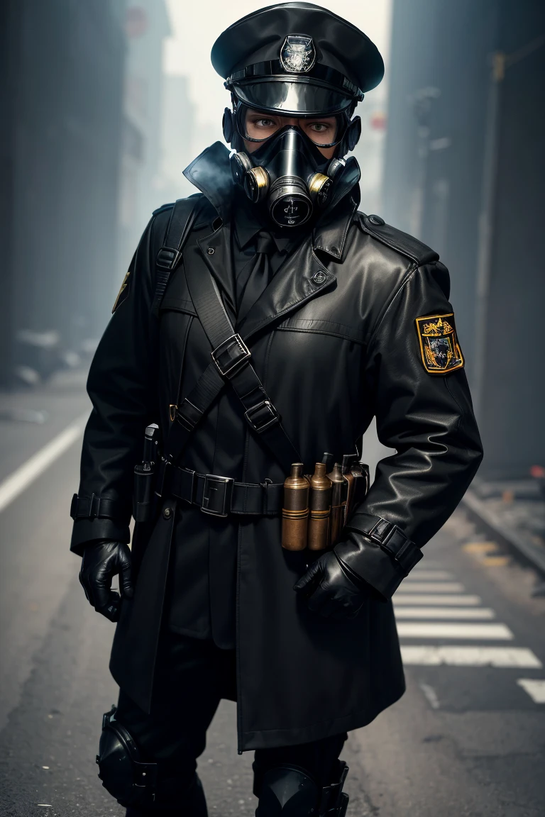 1 man, full body shot of officer, wearing black trench coat, (gas mask:1.2) and (black captain cap:1.3), (metal shoulder straps: 1.2), black leather gloves, proud, tall, (free hands:1,1), warzone