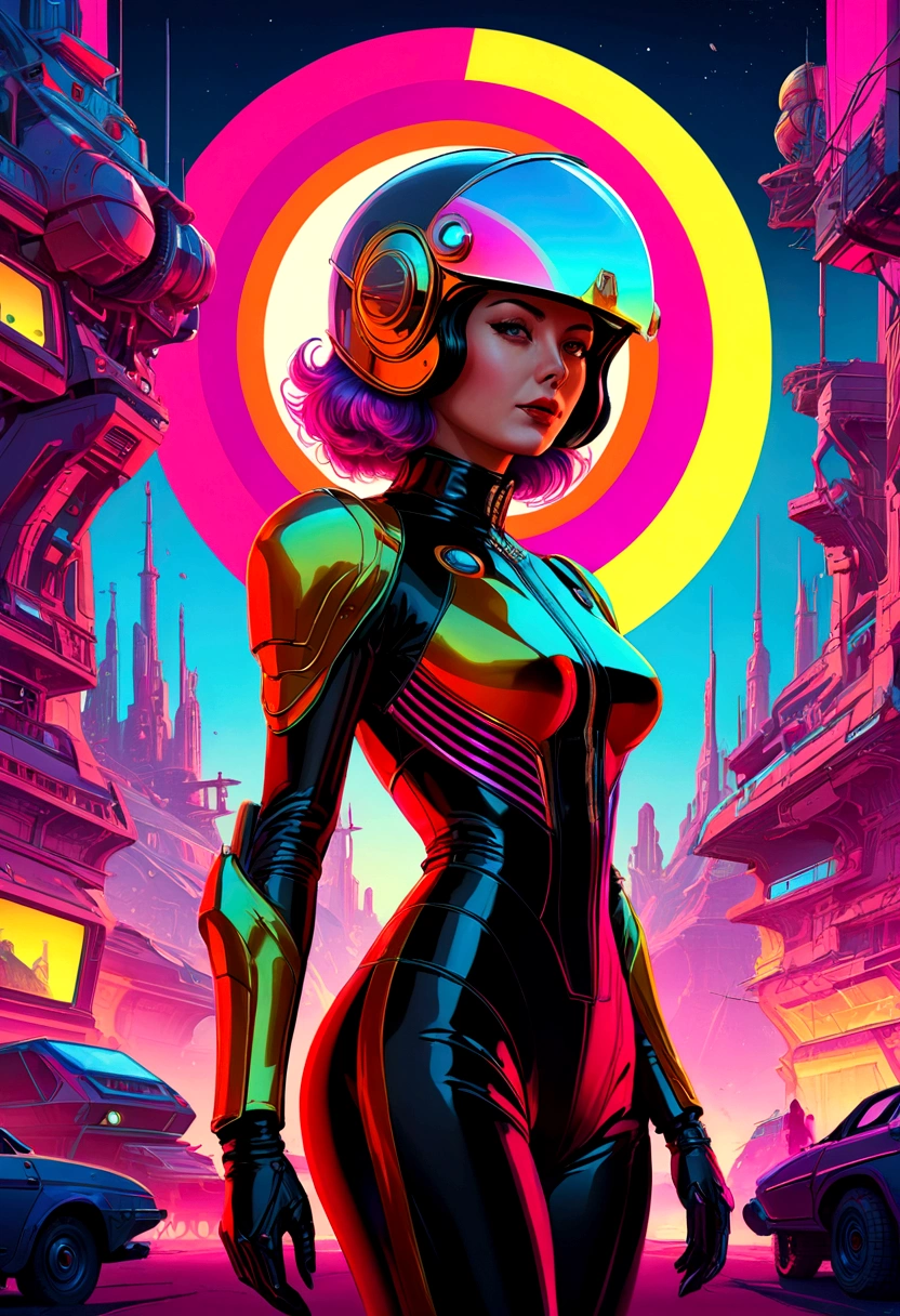 There is a picture of a woman wearing a helmet., Stephen Hickman, Synthwave art style ]!!, Cinemascope Panorama, Atompunk, epically illuminating images, pioneering aesthetics, Spellbreaker, Future-oriented France, Juan Jimenez, Trends at ArtStation, Julian Allen, 7 0 second palette, maximalism. very cool, In the 2019 Science Fiction 8K Movie  