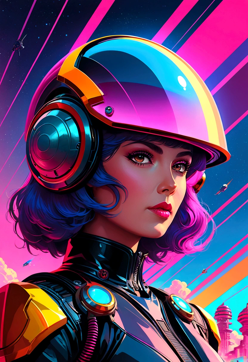 There is a picture of a woman wearing a helmet., Stephen Hickman, Synthwave art style ]!!, Cinemascope Panorama, Atompunk, epically illuminating images, pioneering aesthetics, Spellbreaker, Future-oriented France, Juan Jimenez, Trends at ArtStation, Julian Allen, 7 0 second palette, maximalism. very cool, In the 2019 Science Fiction 8K Movie  
