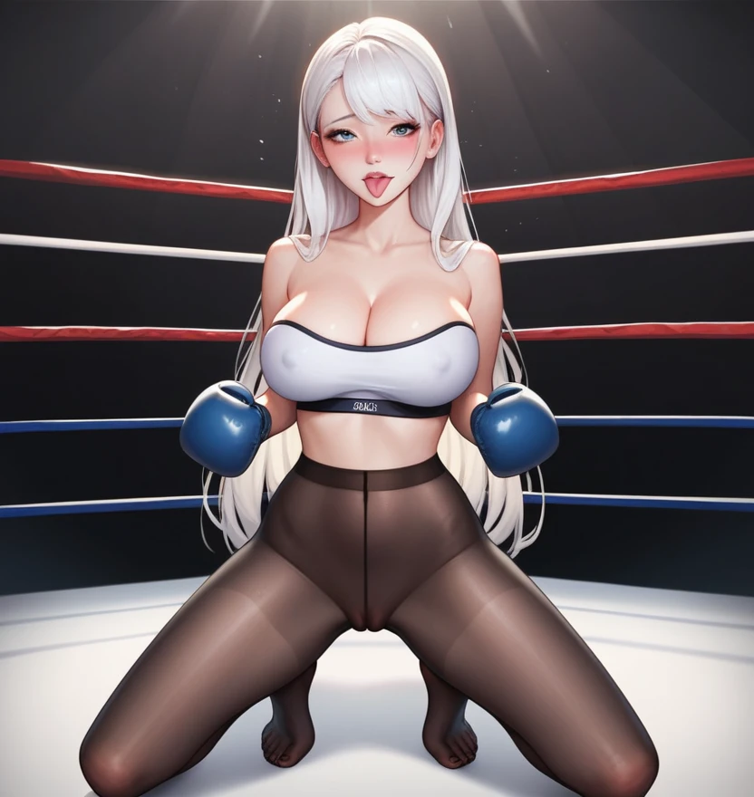 korean beautifull girl,18 years old,Pretty Face,Good shape,detailed picture, Shy expression,Stick out your tongue, blush,White long hair, Wear a strapless sports bra,Wear black pantyhose, Wearing black boxing gloves, Kneeling alone in a sexy pose on the boxing ring,Large Breasts,Cleavage,Long legs,Thin waist,nipple,Camel toe