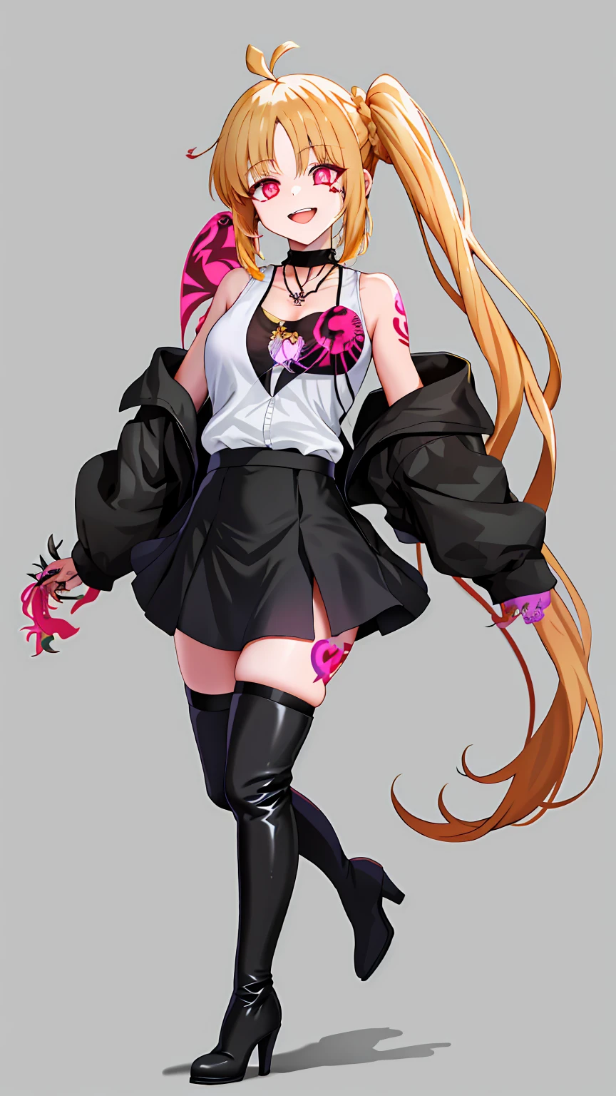 1girl,, 独奏,, Thigh boots, Thighs, Boots, Long hair, High heels, Necklace,, Black footwear, White background, Small off shoulder, Full body, Bangs looking at the viewer, Masterpiece, Best Quality, High Definition, in1, Side Ponytail, Long Hair, Ahoge, Top Teeth,Low Angle, Mini Skirt Shirt Absolute realm Scary face Eyes without highlights Psychopath、Tattoos on the lower abdomen:1.5), (Heart tattoos:1.5), 