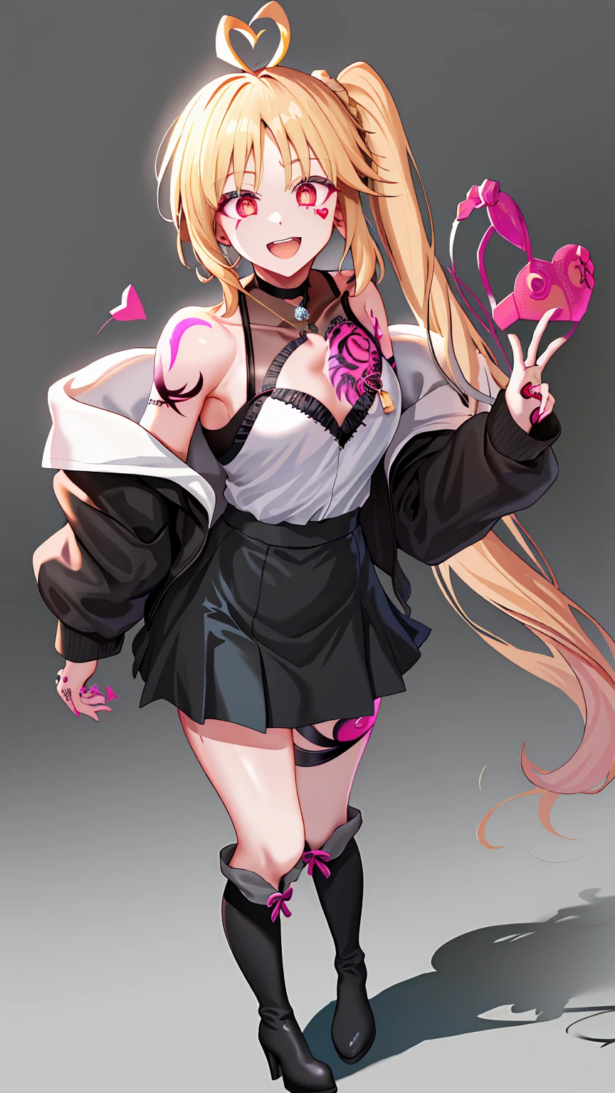 1girl,, 独奏,, Thigh boots, Thighs, Boots, Long hair, High heels, Necklace,, Black footwear, White background, Small off shoulder, Full body, Bangs looking at the viewer, Masterpiece, Best Quality, High Definition, in1, Side Ponytail, Long Hair, Ahoge, Top Teeth,Low Angle, Mini Skirt Shirt Absolute realm Scary face Eyes without highlights Psychopath、Tattoos on the lower abdomen:1.5), (Heart tattoos:1.5), 