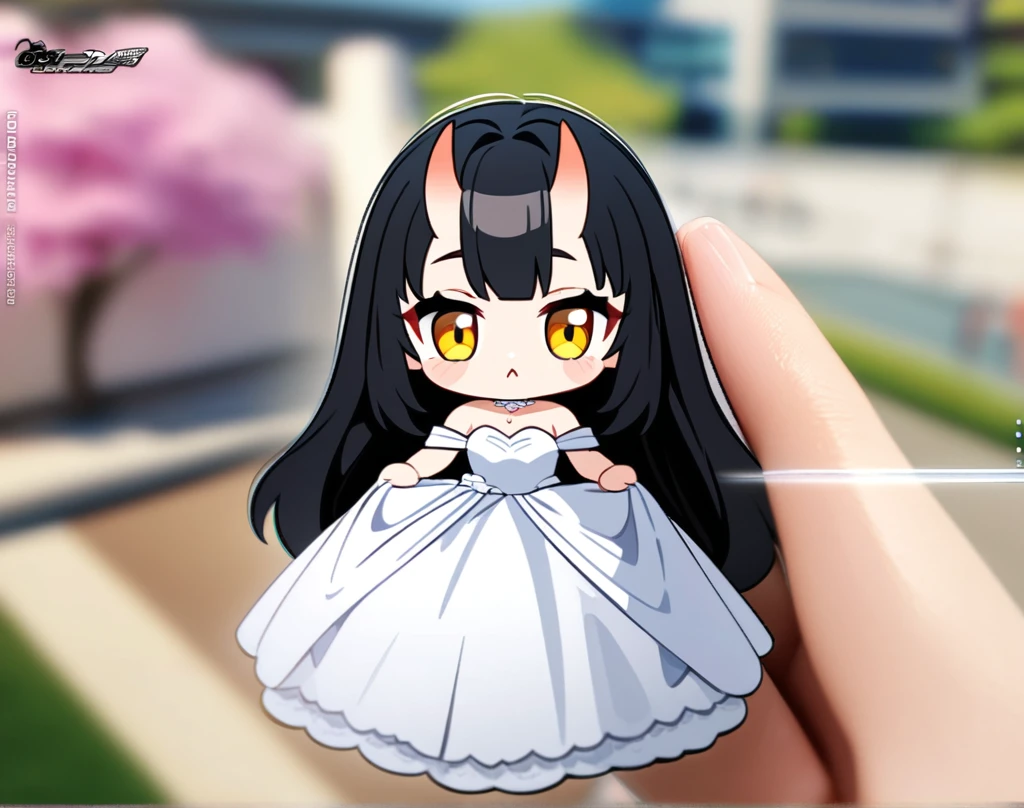 (masterpiece), best quality, ultra-detailed, 1024k UHD wallpaper, ultra-high resolution, depth of field, HDR, (extremely detailed CG 1024k wallpaper), Detailed face, Detailed Clothes, Ultra HD Photo, 1girl, long silky hair, 90's style, medium black hair, yellow eyes, chibi, oni horns, wearing wedding dress, (newest anime art style)