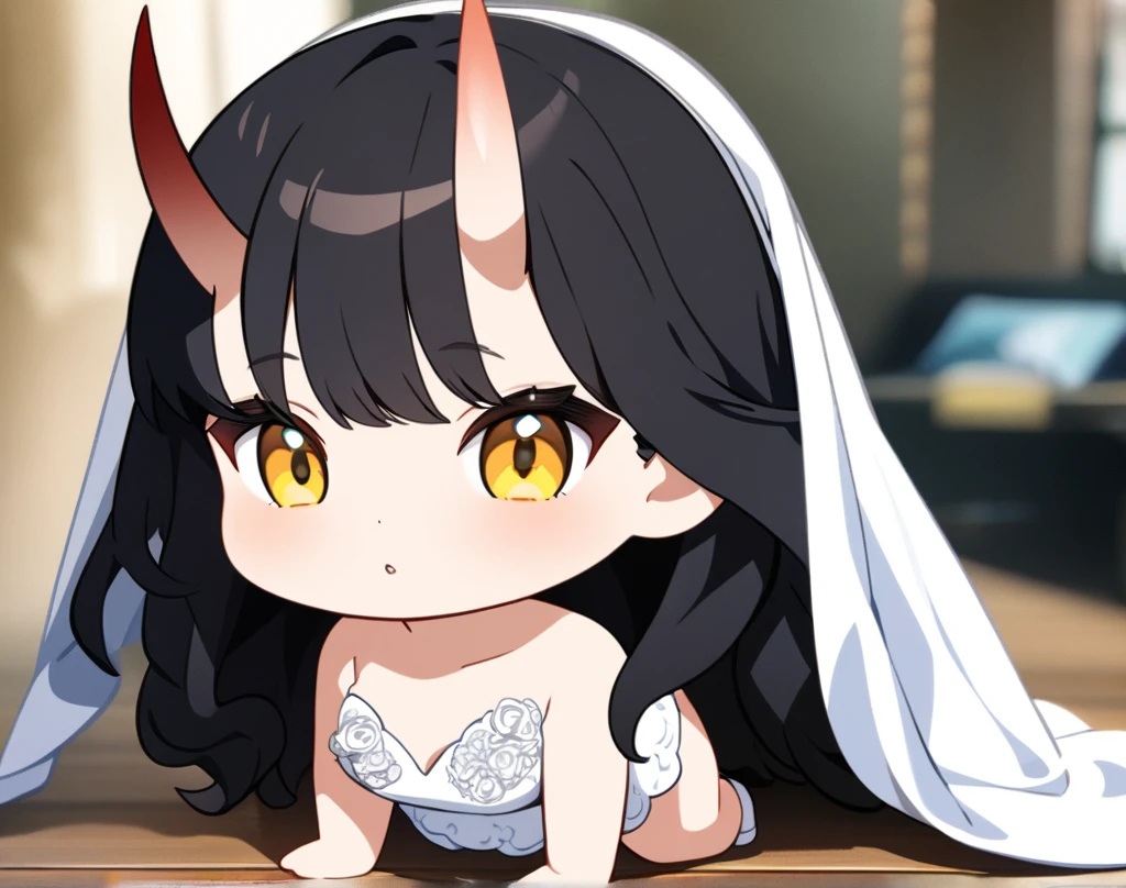 (masterpiece), best quality, ultra-detailed, 1024k UHD wallpaper, ultra-high resolution, depth of field, HDR, (extremely detailed CG 1024k wallpaper), Detailed face, Detailed Clothes, Ultra HD Photo, 1girl, long silky hair, 90's style, medium black hair, yellow eyes, chibi, oni horns, wearing wedding dress, (newest anime art style)