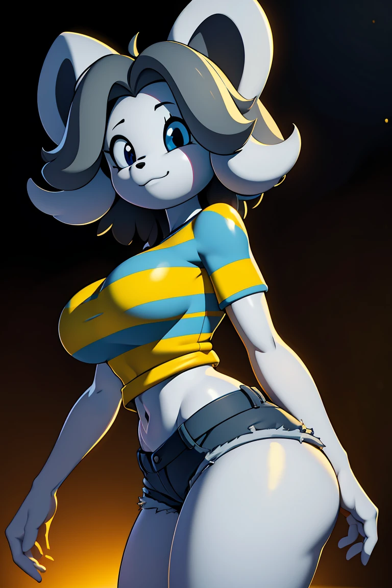 Temmie, cartoon character, grey hair, striped shirt, jean shorts, tall, black spot on eye, detailed, giant, delkz face, 4k, 8k, high resolution, masterpiece, ultra-detailed, realistic, photorealistic, HDR, UHD, studio lighting, ultra-fine painting, sharp focus, physically-based rendering, extreme detail description, professional, vivid colors, bokeh, character design, pose, fantasy, tail.