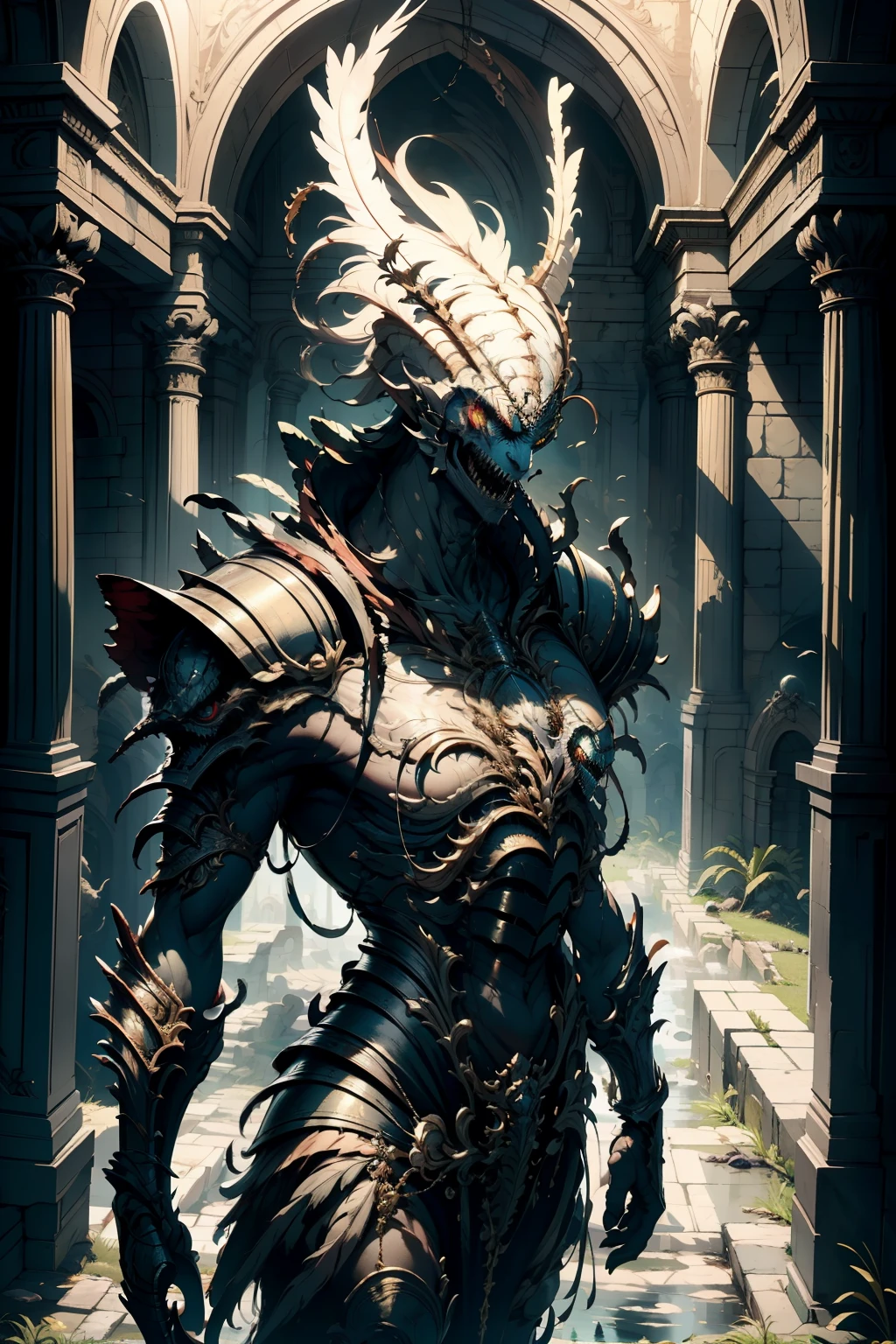  ((best quality)), ((masterpiece)), (detailed), monstrous, Beautiful, Best quality, perfect lighting, NSFW, monster smile with crooked fangs, Very skinny, disproportionately long arms, head of a vulture, scruffy dirty feathers, diseased, worms, A sinister aura, something, chained, deity, cultist clothing, cosmic horror, full body 