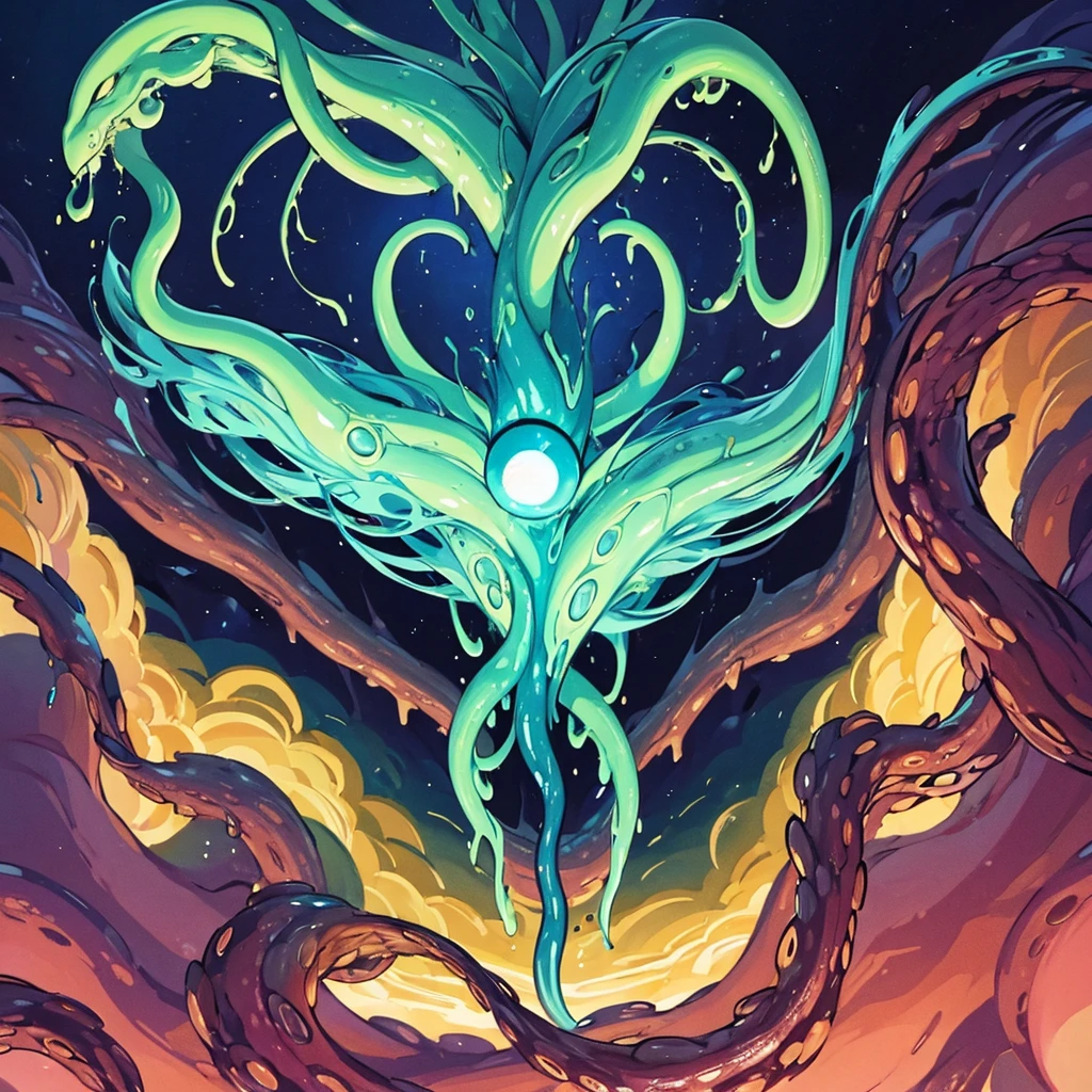 (((No humans)))、An alien tentacle creature with tentacles branching out from a central body with a single large eye、From the side、From above