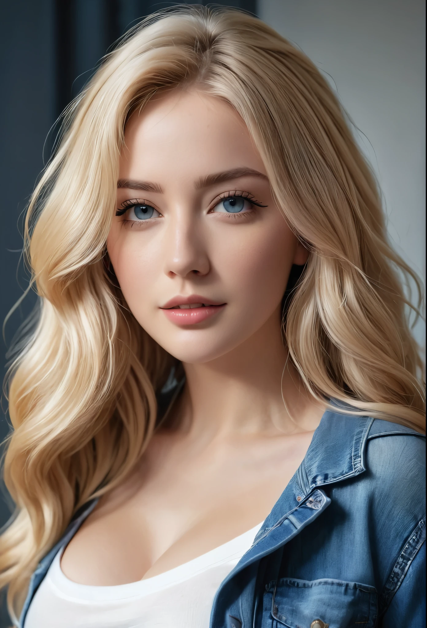 An attractive woman with long, wavy blonde hair, Youngh, semi-tied hair, curved, sexly, cropped rosa, jeans, hyper realistic absurdity, CRU photo, UltraHD 8K, high qualiy, film grain, (highly detailed skin:1.2)