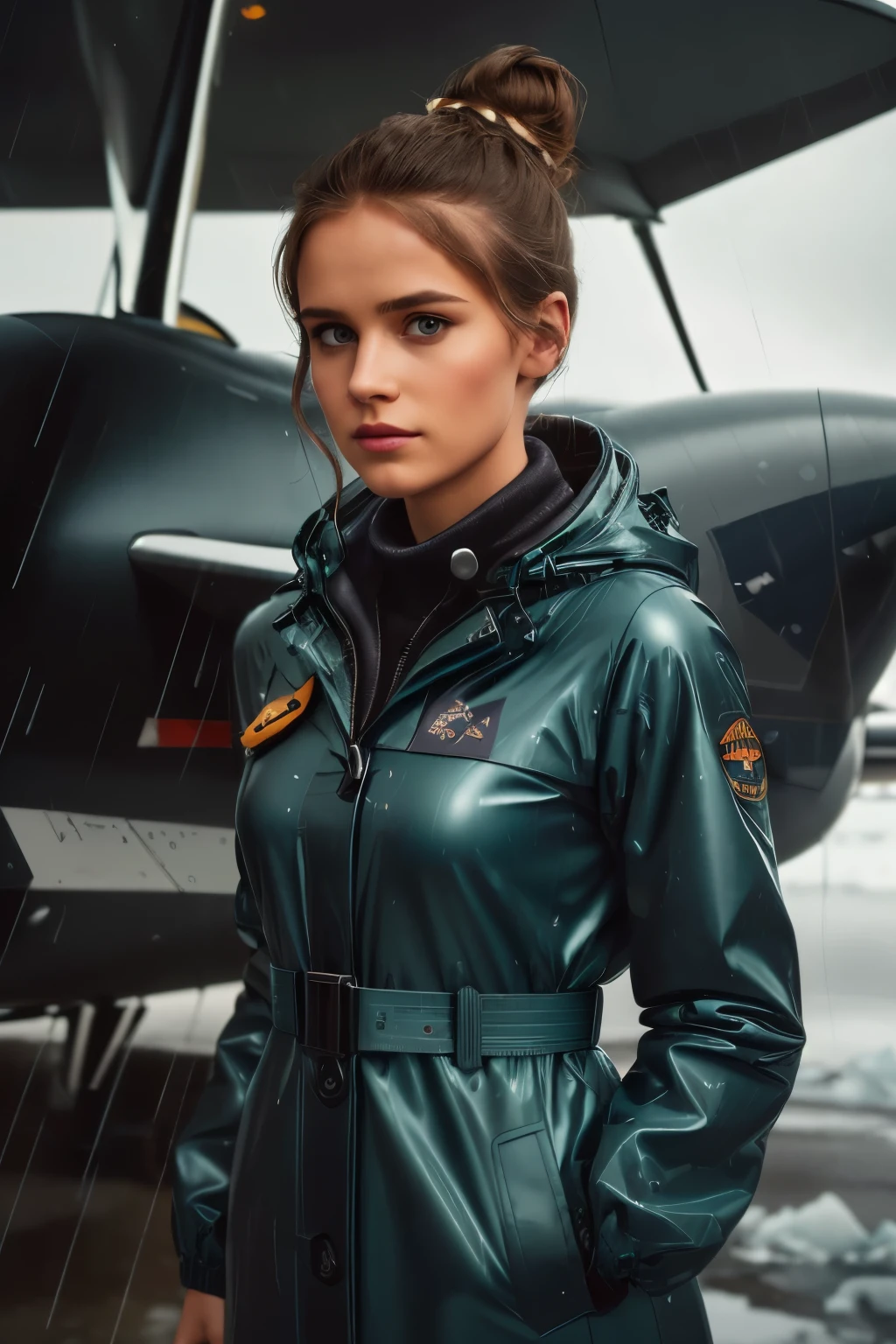 ((high definition)), ((full body)) press photography, ((aviator))((wearing open rain coat)), ((Lockheed Vega 5B in the arctic)), ((enchanting)), ((hair in bun)), ((looking at camera)), Detailed, Detailed pretty face, Sharp Focus, (Detailed and intricate), 4k, Leica 35mm F2.8, Fuji Superia Reala 100