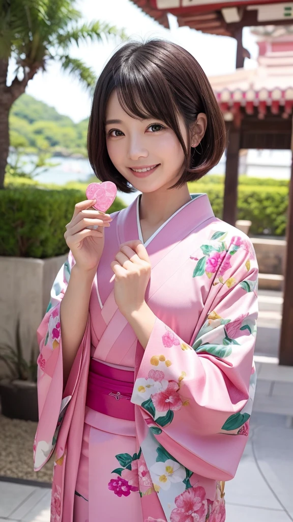 pink、kimono、Bob Hair、pinkの髪、Front facing、Holding a heart-shaped gemstone in hand、Smiling a little、背景はpinkの宇宙