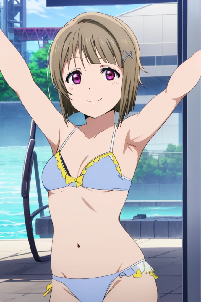 (((pixel-perfect, detail-perfect))), solo, 1girl, kasumi nakasu, eyes violet, smile, pool, bikini, armpit, flat filesize, ultra High Qality