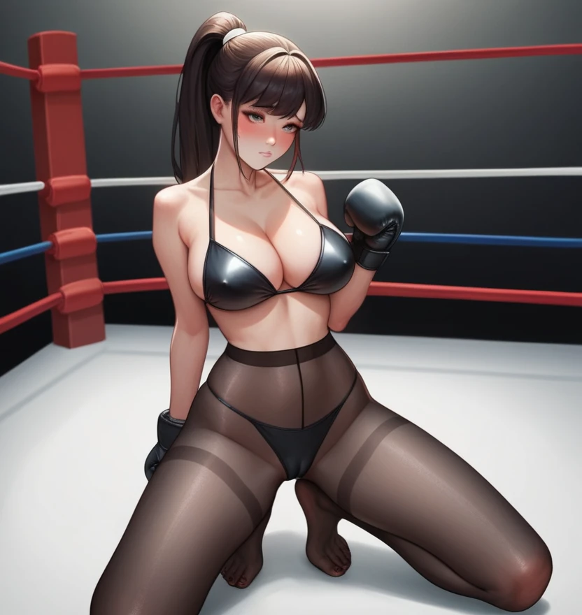 Korean beauty boxer，18 years old,Pretty Face，Good shape，detailed picture, Shy expression， blush，White high ponytail, Wear a black bikini, Wear black pantyhose, Wearing black boxing gloves，Kneeling in the boxing ring，Large Breasts,Cleavage,Long legs，Thin waist，nipple，Camel toe