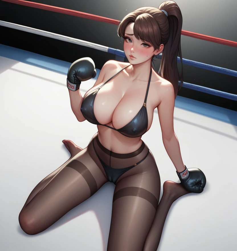 Korean beauty boxer,18 years old,Pretty Face,Good shape,detailed picture, Shy expression, blush,White high ponytail, Wear a black bikini, Wear black pantyhose, Wearing black boxing gloves,Kneeling in the boxing ring,Large Breasts,Cleavage,Long legs,Thin waist,nipple,Camel toe