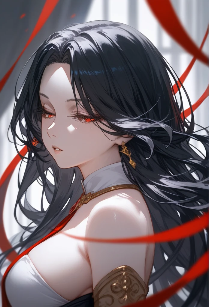 masterpiece, Score_9, Score_8_up, Score_7_up, rear view, 1 woman, alone, black hair, long straight hair, long parted bangs, golden and red eyes, slanted half-closed eyes, parted lips, expressionless, pale skin, large breasts, top body,  upper body
 Long open bangs, with a mole under the mouth,No bangs, layered hair.
