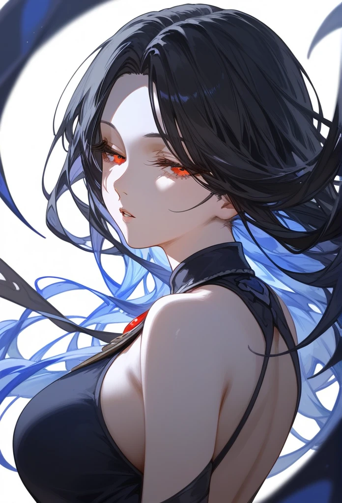 masterpiece, Score_9, Score_8_up, Score_7_up, rear view, 1 woman, alone, black hair, long straight hair, long parted bangs, golden and red eyes, slanted half-closed eyes, parted lips, expressionless, pale skin, large breasts, top body,  upper body
 Long open bangs, with a mole under the mouth,No bangs, layered hair.