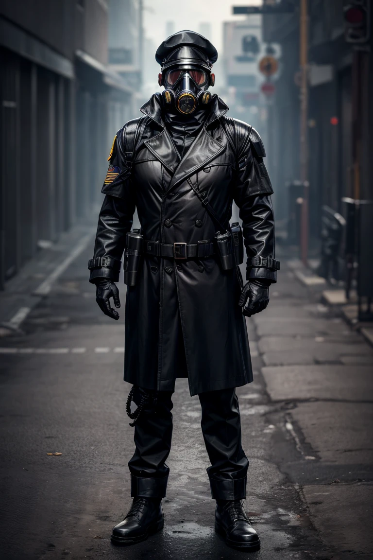 1 man, full body shot of officer, wearing black trench coat, (gas mask:1.2) and (black captain cap:1.3), (metal shoulder straps: 1.2), black leather gloves, proud, tall, (free hands:1,1), warzone