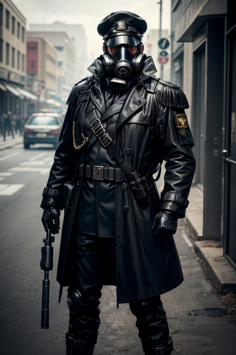 1 man, full body shot of officer, wearing black trench coat, (gas mask:1.2) and (black captain cap:1.3), (metal shoulder straps: 1.2), black leather gloves, proud, tall, (free hands:1,1), warzone