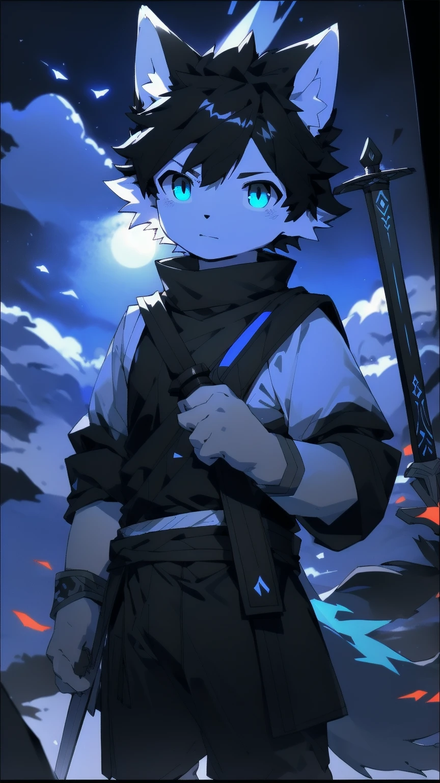 White Wolf,black hair,Sky blue eyes,hairy,Wolf ears,Wolf tail,Full body portrait,The character is in the center of the frame,Handsome,Confident eye***but,juvenile,Black and white combat uniform,Red neck bib,Black shorts,Short sleeve,hairy arms and legs,Dark background,Dark battlefield,dawn,sunrise,dawn,illumination,shadow,Swordsman,Scabbard and Hold the hilt of a in your hand,The scabbard is at the waist,Highest quality,A tall stature