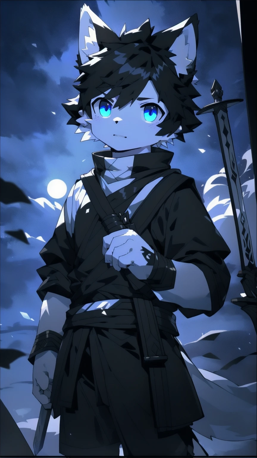 White Wolf,black hair,Sky blue eyes,hairy,Wolf ears,Wolf tail,Full body portrait,The character is in the center of the frame,Handsome,Confident eye***but,juvenile,Black and white combat uniform,Red neck bib,Black shorts,Short sleeve,hairy arms and legs,Dark background,Dark battlefield,dawn,sunrise,dawn,illumination,shadow,Swordsman,Scabbard and Hold the hilt of a in your hand,The scabbard is at the waist,Highest quality,A tall stature