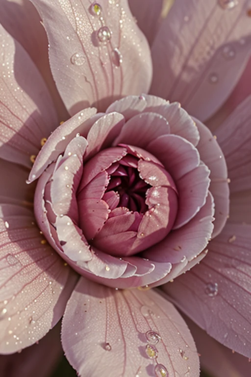 close-up of a blooming flower with dew drops on the petals, macro lens, Macrophotography 