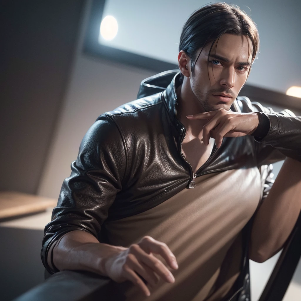 (handsome man holding cigarette, metal hand sign), 1 man, detailed face, beautiful eyes, sharp jawline, intense expression, moody, dark lighting, (dramatic, cinematic, chiaroscuro lighting:1.25), (realistic, photorealistic, photo-realistic:1.37), (best quality,4k,8k,highres,masterpiece:1.2),ultra-detailed, 3d render, studio lighting, hyperrealistic, hyper detailed, highly detailed, sharp focus, physically-based rendering