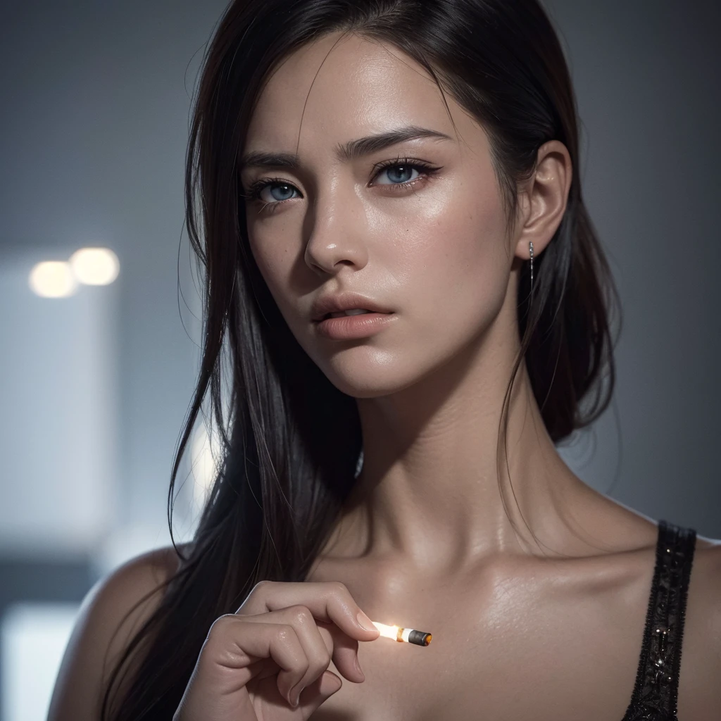 (handsome man holding cigarette, metal hand sign), 1 man, detailed face, beautiful eyes, sharp jawline, intense expression, moody, dark lighting, (dramatic, cinematic, chiaroscuro lighting:1.25), (realistic, photorealistic, photo-realistic:1.37), (best quality,4k,8k,highres,masterpiece:1.2),ultra-detailed, 3d render, studio lighting, hyperrealistic, hyper detailed, highly detailed, sharp focus, physically-based rendering