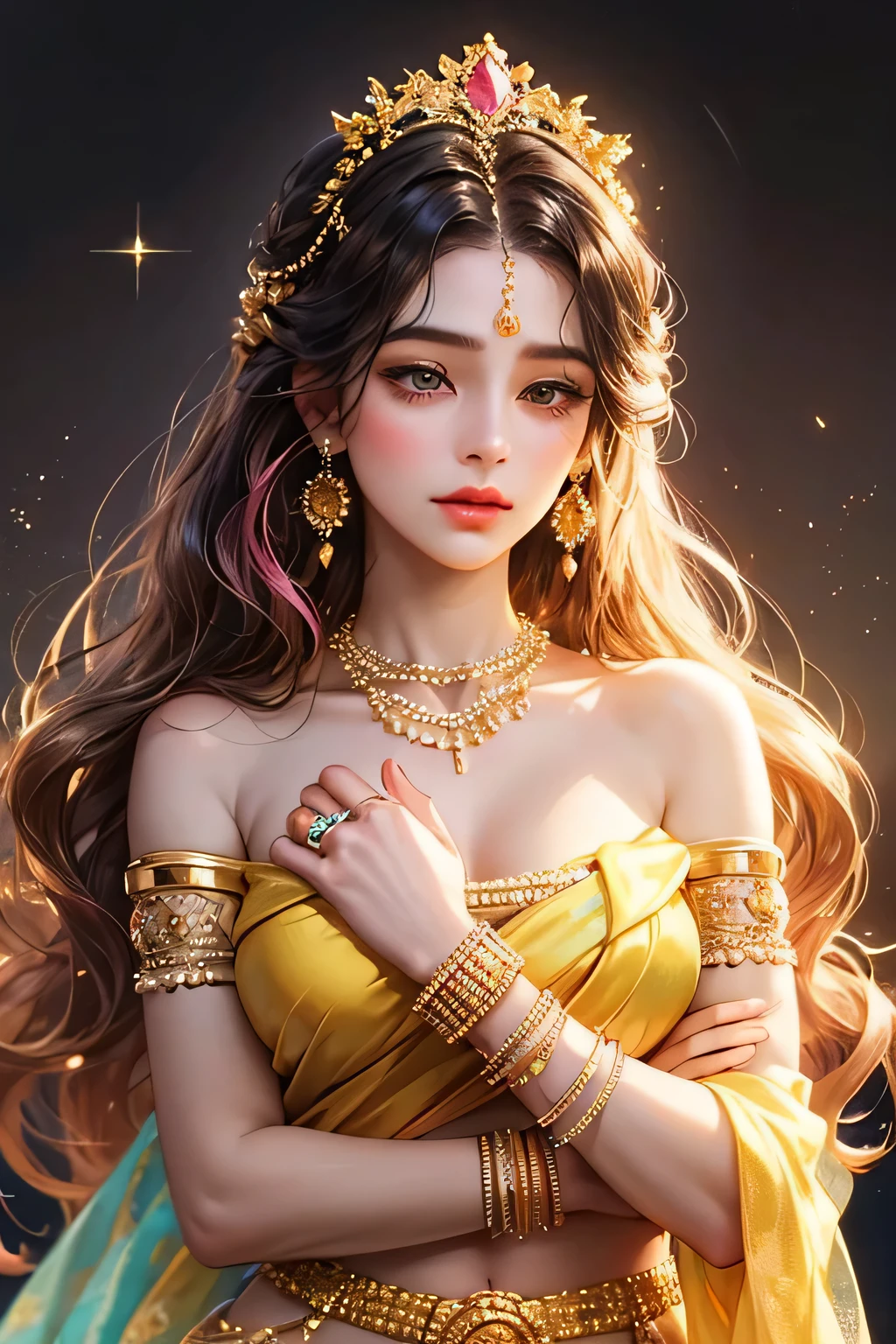 Goddess, very beautiful, animated style, closeup shot, anime in a yellow and pink combination indian saree, long black wavy hair untied, head jewellery, head clips, head chains, head tiara, necklace, long and beautiful earings, armlets, bangles and bracelets, rings, pleasant expression, bright big black eyes, holding a flower, natural beauty, vibrant colors, dreamy, northern light, pink bubble, romantic, soft lighting, vintage aesthetic