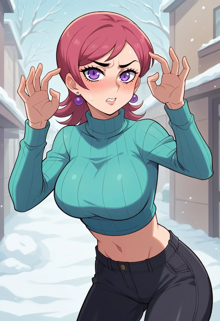 Masterpiece, sksmaki,jojo pose,sexy,facial details,solo, detailed body part details, cowboy shot,embarrassed, midriff, big breasts,8k wallpaper, looking at viewer, nishikino maki, low waisted leather pants,tight ,(sweater crop top), earrings,in street,snow, purple glowing eyes