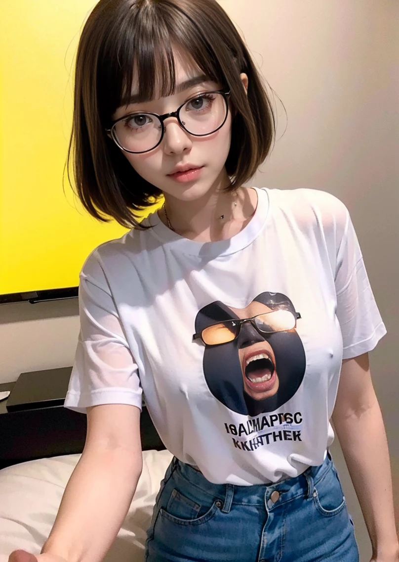 Hairy pubic hair((Highest quality、8K、masterpiece:1.3))((Perfect glowing skin,Perfect Skin))　Browsing Caution　Realistic　Bright room　White Room　White skin　Brown Hair　short hair　Disheveled Hair　bangs　Wearing a shirt　Wearing glasses