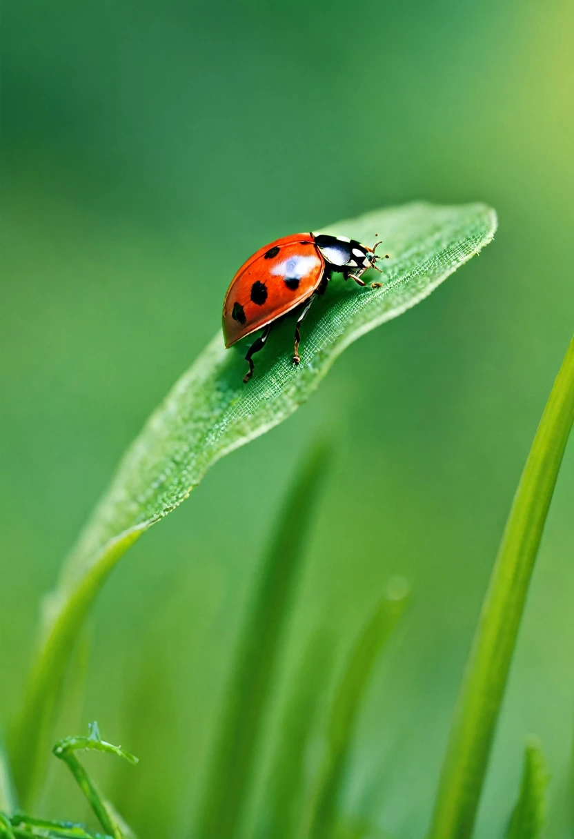 Macro shot of a ladybug in garden close up leaf in grass, in the style of leica m10, colorized, flickr, miniature dioramas, high quality photo, fujifilm pro 800z, fujifilm pro 400h - HDRI