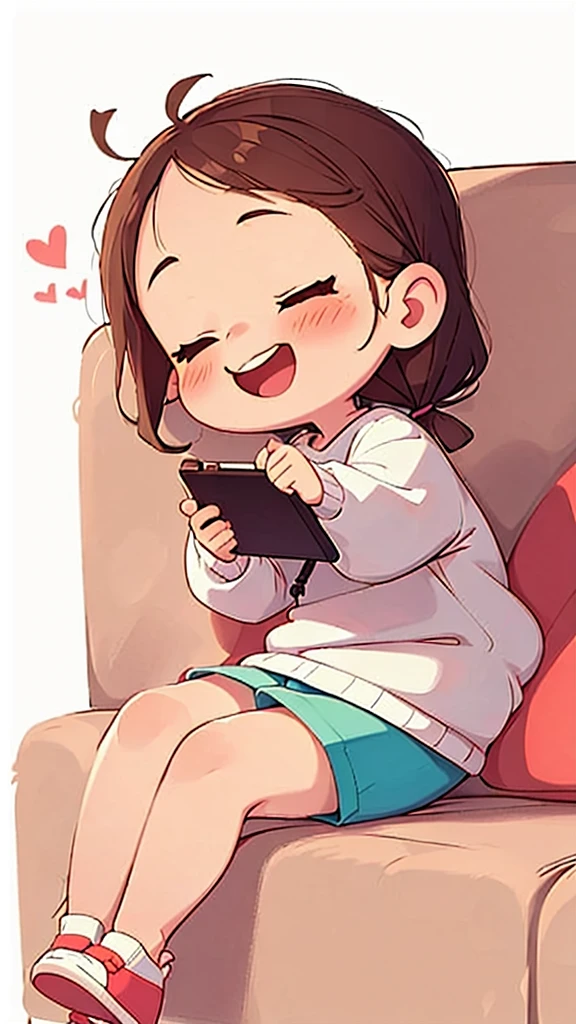 cartoon child with happy face and hands on tablet sitting on couch saying something with heart ears coming up above her, 1girl, solo, shorts, heart, phone, closed eyes, open mouth, white background, sweater, couch, shoes, blush, smile, lying, cellphone, simple background