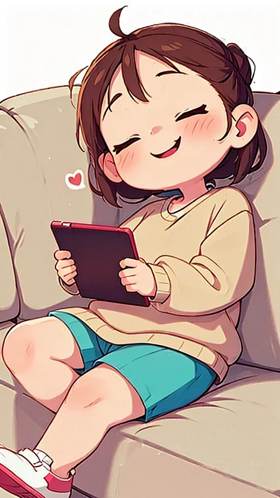 cartoon child with happy face and hands on tablet sitting on couch saying something with heart ears coming up above her, 1girl, solo, shorts, heart, phone, closed eyes, open mouth, white background, sweater, couch, shoes, blush, smile, lying, cellphone, simple background