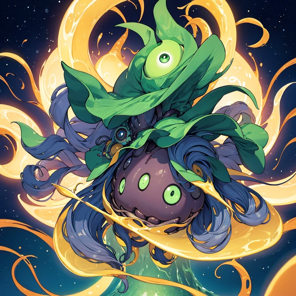 AcidMagic , fantasy , cosmic aura, best quality, (Masterpiece) , simple background , full body , dynamic pose, (cosmic black hair), (cosmic blue skin) , ((solo)), ((black cloak)), hair over one eye, multicolored skin, pokemon \(creature\), green eyes, short hair, two-tone skin, (black cosmic skin) , cloudy sky, wide shot, glowing eyes, floating object, rocks, gardevoir, ((Long hair)),