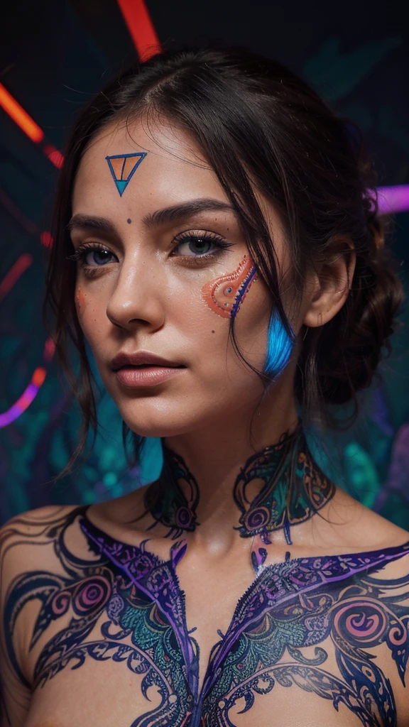 "Create an image of a human face without facial expression, using vibrant colors and psychedelic patterns that reveal veins. The face should be stylized with geometric shapes and abstract patterns, with visible veins highlighted in contrasting shades of blue and purple. Use a palette of intense and varied colors, like red, greens, yellows and pinks, to create a surreal and mesmerizing atmosphere. The composition must be detailed and intricate, with the veins forming complex patterns that intertwine with the psychedelic elements. The image should convey a sense of mystery and intensity, capturing the complexity and beauty of the human vascular system through a unique and impactful artistic style."