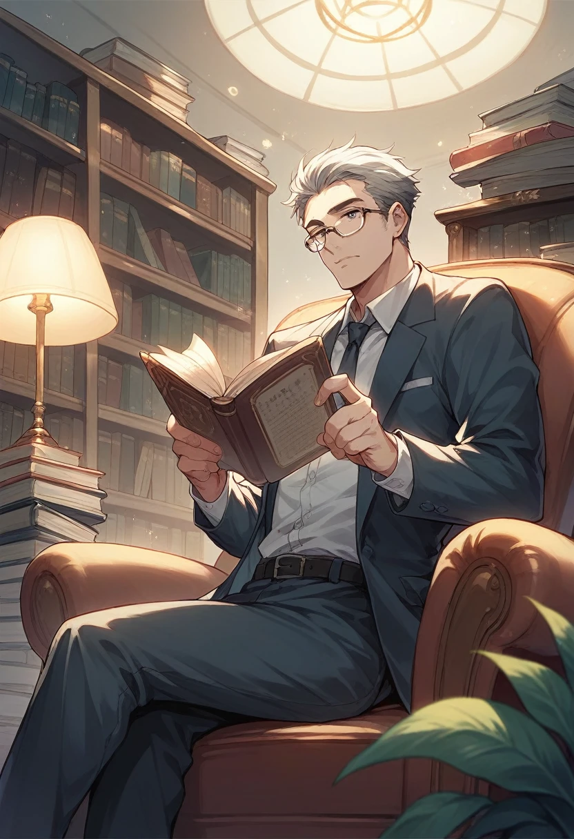 Picture of a gray-haired middle-aged man in a suit and glasses reading a book in a library with dim lights and lamps on with books in the background and a book in his hands sitting in an armchair. Angle of a document photo