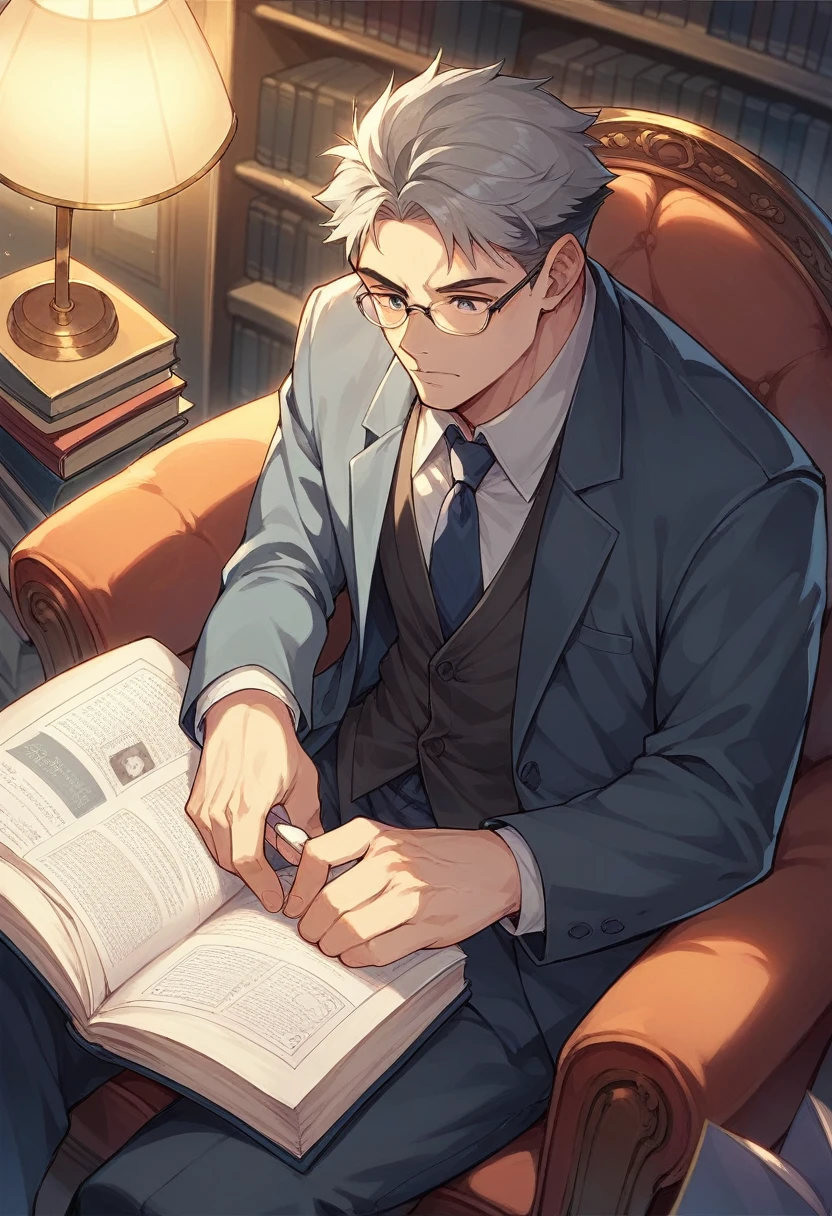 Picture of a gray-haired middle-aged man in a suit and glasses reading a book in a library with dim lights and lamps on with books in the background and a book in his hands sitting in an armchair. Angle of a document photo 